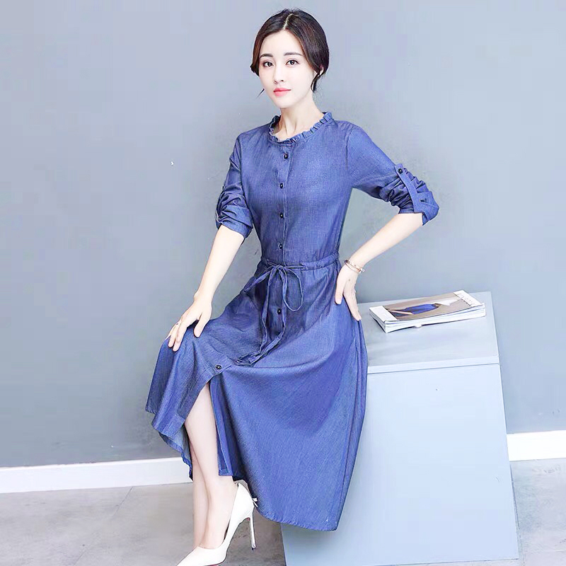ĐẦM JEAN XÒE TAY DÀI CỔ BÈO TRÒN